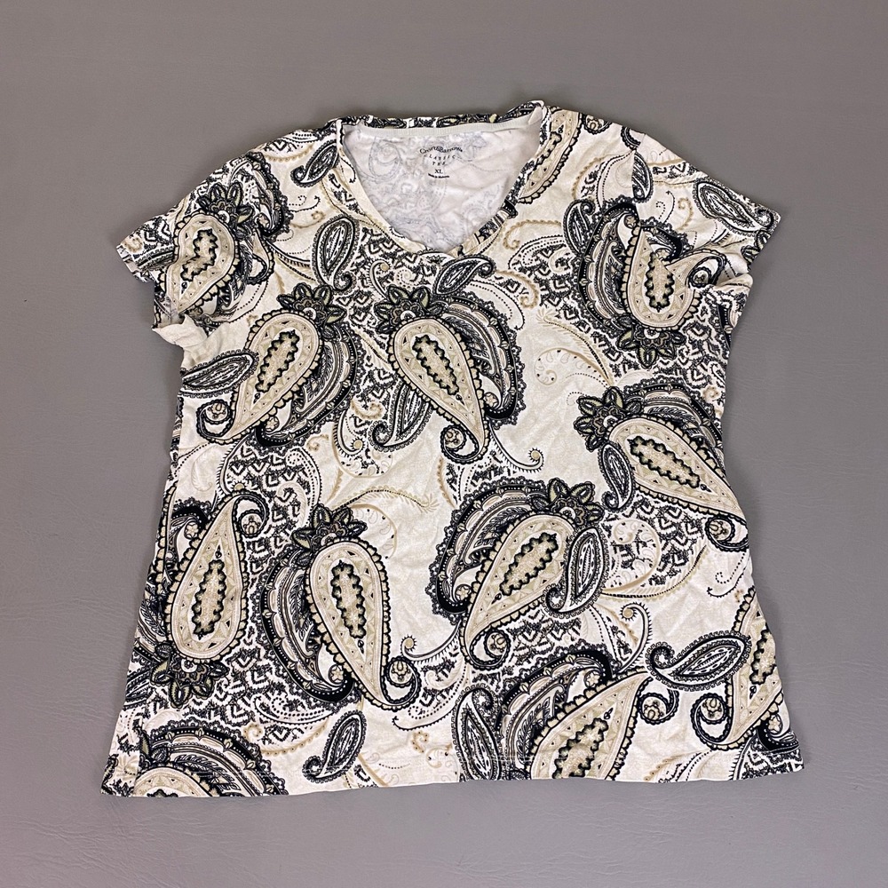 Croft & Barrow Classic Tee Shirt Women's XL Beige V-Neck Paisley Short Sleeve
